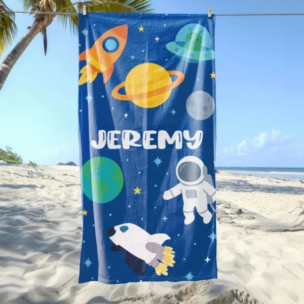 Kids Beach Towel Personalized Rainbow Mermaid Shark Dino Space Designs Soft Absorbent Quick Dry Custom Name Towel For Kids 1