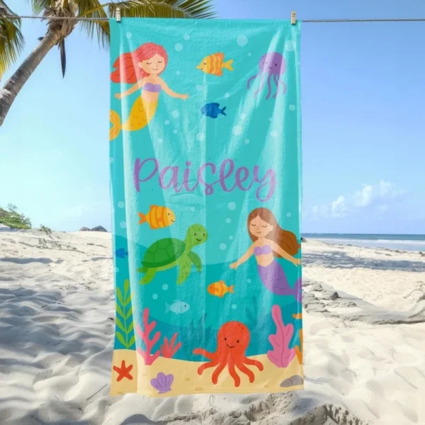 Kids Beach Towel Personalized Rainbow Mermaid Shark Dino Space Designs Soft Absorbent Quick Dry Custom Name Towel For Kids 4