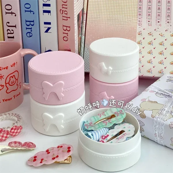 1Pc INS Cute Macaron Bow Round Storage Box Kawaii Girls Jewelry Hairpins Dustproof Box Travel Portable Small Sundries Organizer 1