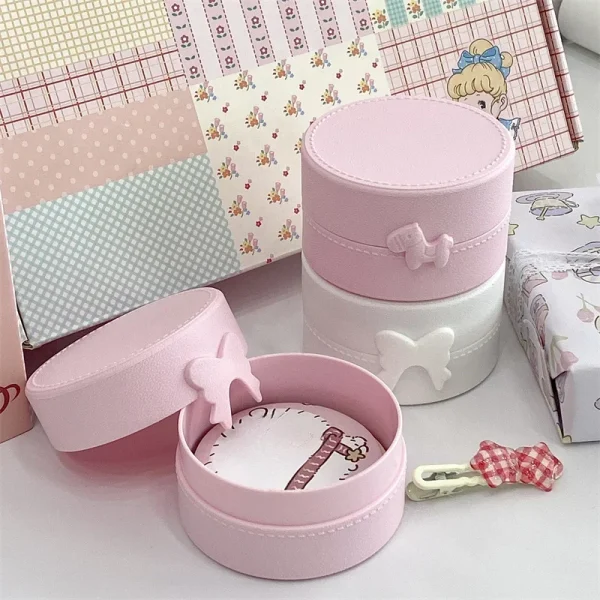 1Pc INS Cute Macaron Bow Round Storage Box Kawaii Girls Jewelry Hairpins Dustproof Box Travel Portable Small Sundries Organizer 2
