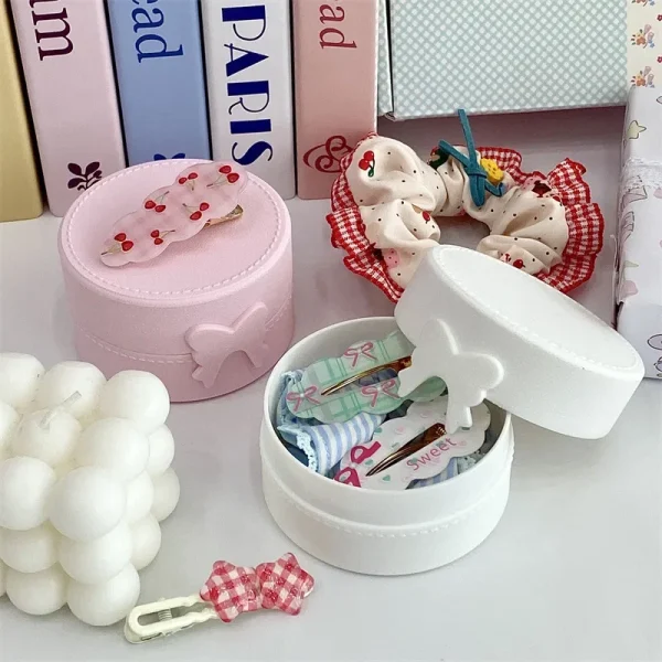 1Pc INS Cute Macaron Bow Round Storage Box Kawaii Girls Jewelry Hairpins Dustproof Box Travel Portable Small Sundries Organizer 3