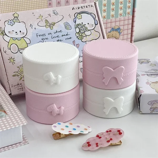 1Pc INS Cute Macaron Bow Round Storage Box Kawaii Girls Jewelry Hairpins Dustproof Box Travel Portable Small Sundries Organizer 4