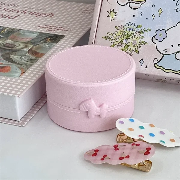 1Pc INS Cute Macaron Bow Round Storage Box Kawaii Girls Jewelry Hairpins Dustproof Box Travel Portable Small Sundries Organizer 5