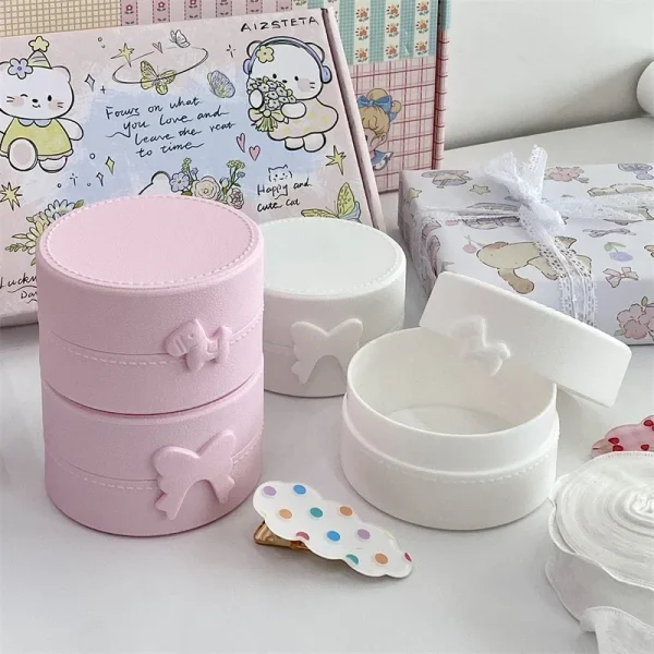 1Pc INS Cute Macaron Bow Round Storage Box Kawaii Girls Jewelry Hairpins Dustproof Box Travel Portable Small Sundries Organizer 6