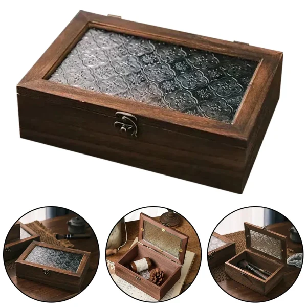 Wooden Chinese Crabapple Flower Glass Retro Storage Box Household Documents Jewelry Organizer Nordic Wind Desktop Makeup Cases 2