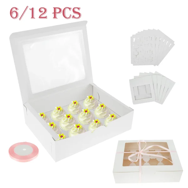 6/12Pcs Cupcake Packaging Box 12 Holes Cupcake Container with a Roll of Ribbon, Kraft Box with Clear Window for Cupcakes Muffins 1