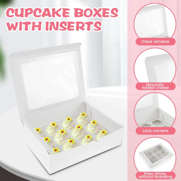 6/12Pcs Cupcake Packaging Box 12 Holes Cupcake Container with a Roll of Ribbon, Kraft Box with Clear Window for Cupcakes Muffins 2