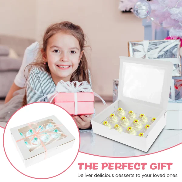 6/12Pcs Cupcake Packaging Box 12 Holes Cupcake Container with a Roll of Ribbon, Kraft Box with Clear Window for Cupcakes Muffins 3