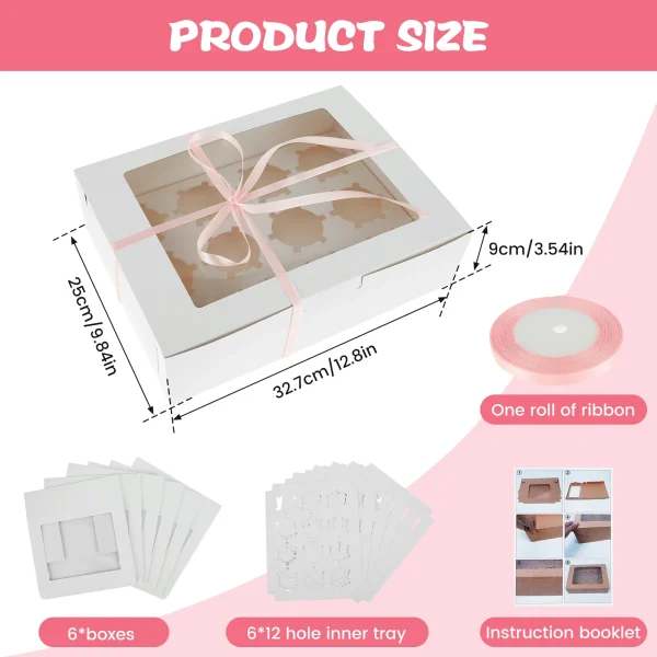 6/12Pcs Cupcake Packaging Box 12 Holes Cupcake Container with a Roll of Ribbon, Kraft Box with Clear Window for Cupcakes Muffins 4