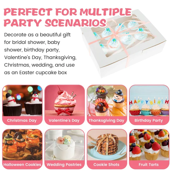 6/12Pcs Cupcake Packaging Box 12 Holes Cupcake Container with a Roll of Ribbon, Kraft Box with Clear Window for Cupcakes Muffins 5