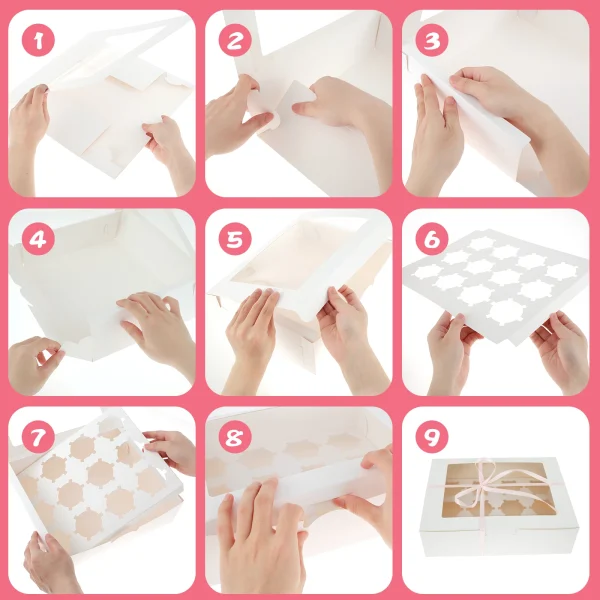 6/12Pcs Cupcake Packaging Box 12 Holes Cupcake Container with a Roll of Ribbon, Kraft Box with Clear Window for Cupcakes Muffins 6