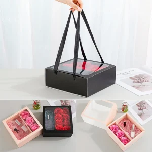 Flower Gift Box with Handle Transparent PVC Window Rose Candy Dessert Packaging Box Valentine's Day New Year Gift 1