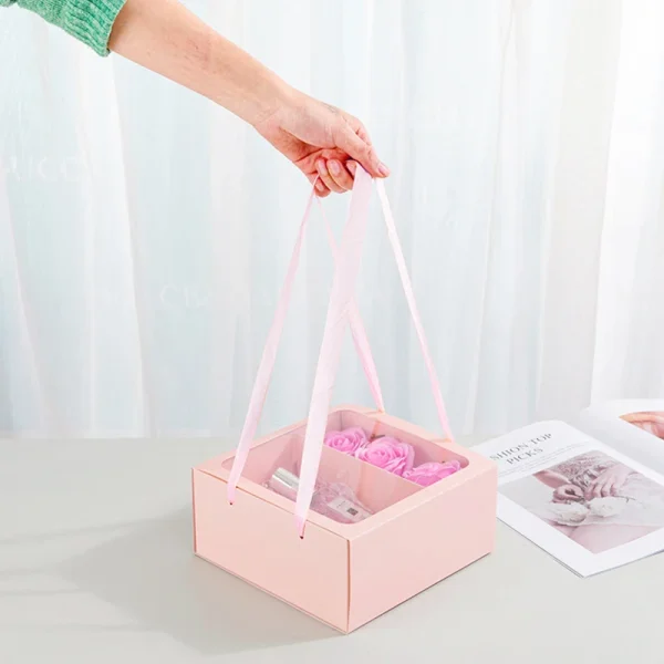 Flower Gift Box with Handle Transparent PVC Window Rose Candy Dessert Packaging Box Valentine's Day New Year Gift 4