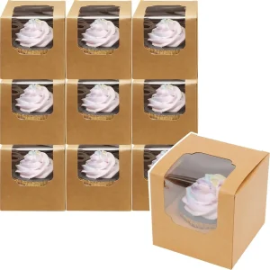 10/20/30pcs KhakiSingle Cupcake Boxes Paper with Insert and Clear Window,Fold Individual Cupcake Containers for Muffins Party 1