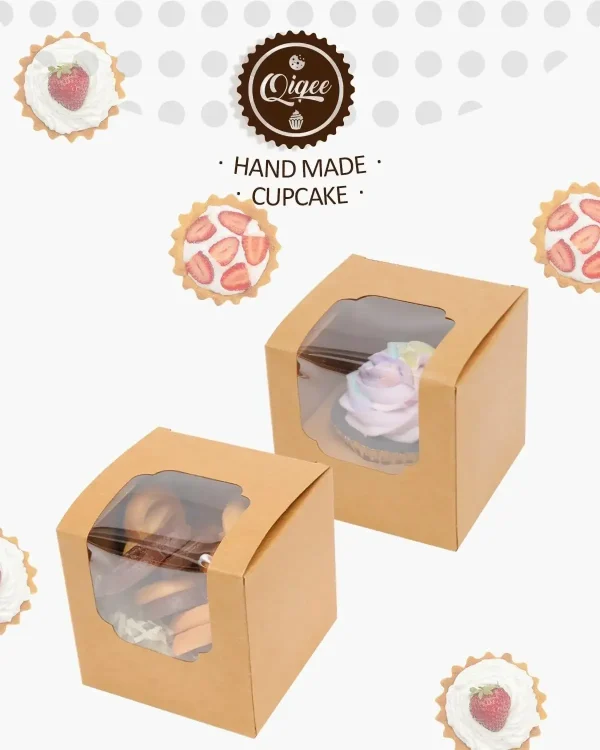10/20/30pcs KhakiSingle Cupcake Boxes Paper with Insert and Clear Window,Fold Individual Cupcake Containers for Muffins Party 2