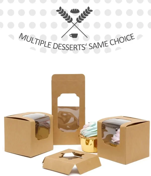 10/20/30pcs KhakiSingle Cupcake Boxes Paper with Insert and Clear Window,Fold Individual Cupcake Containers for Muffins Party 5