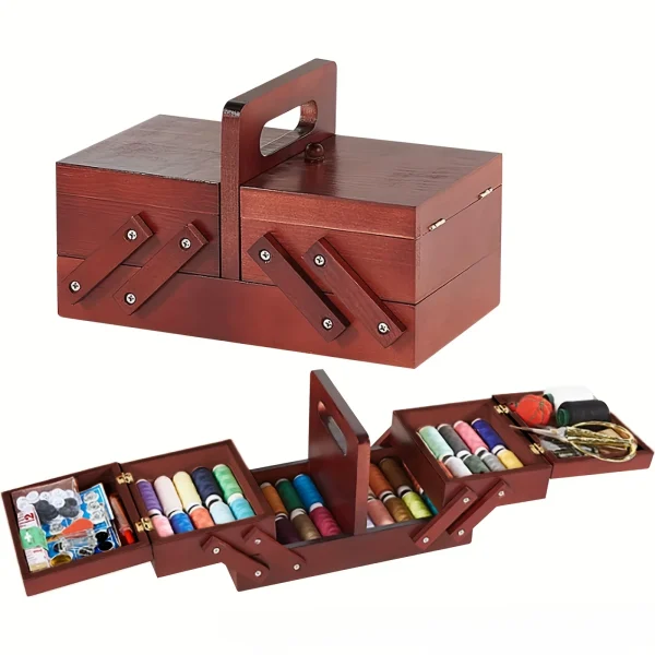 1pcs Wooden Expandable Sewing Box Sewing Kit Storage Box with Handle, Embroidery Kit Wooden Sewing Basket 1