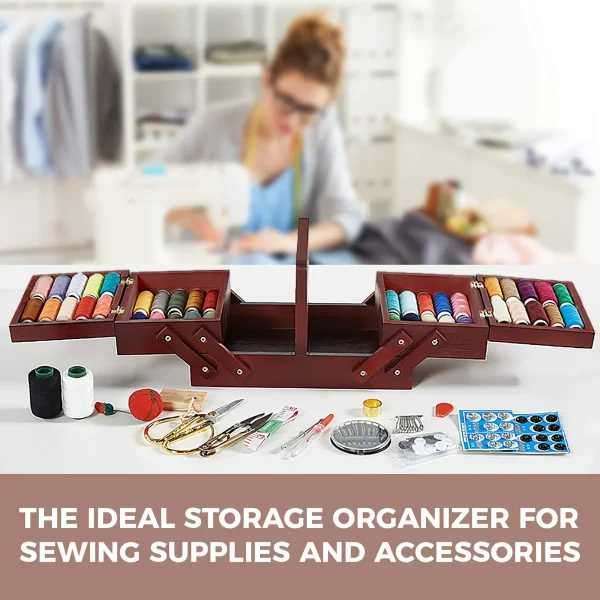 1pcs Wooden Expandable Sewing Box Sewing Kit Storage Box with Handle, Embroidery Kit Wooden Sewing Basket 2