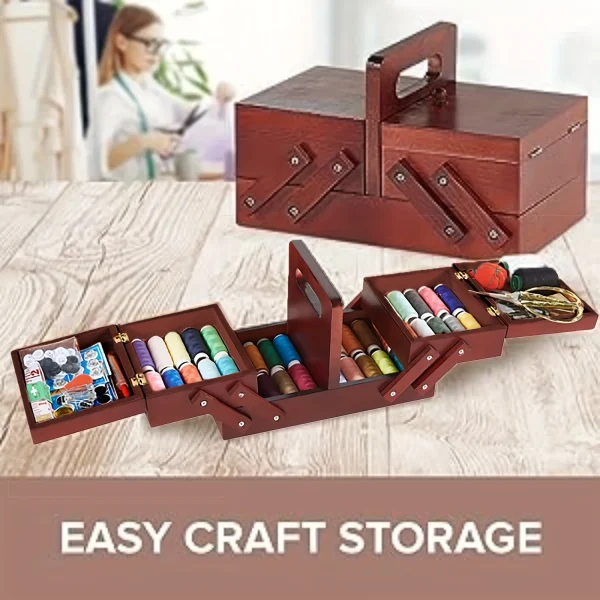 1pcs Wooden Expandable Sewing Box Sewing Kit Storage Box with Handle, Embroidery Kit Wooden Sewing Basket 3