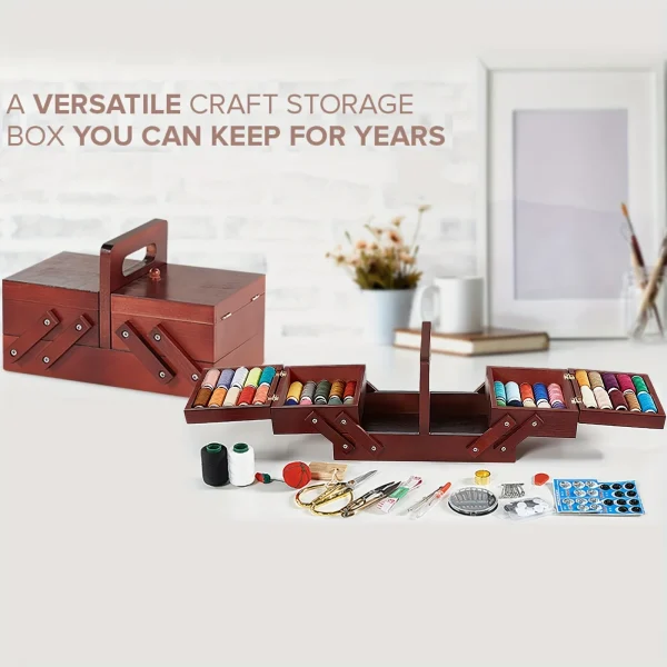 1pcs Wooden Expandable Sewing Box Sewing Kit Storage Box with Handle, Embroidery Kit Wooden Sewing Basket 5
