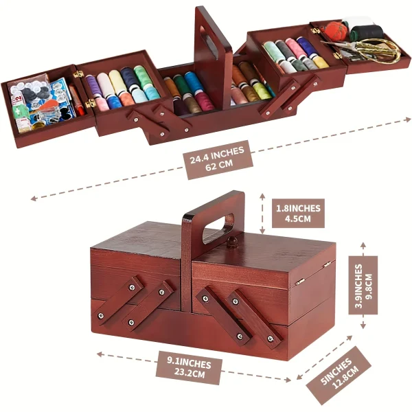 1pcs Wooden Expandable Sewing Box Sewing Kit Storage Box with Handle, Embroidery Kit Wooden Sewing Basket 6
