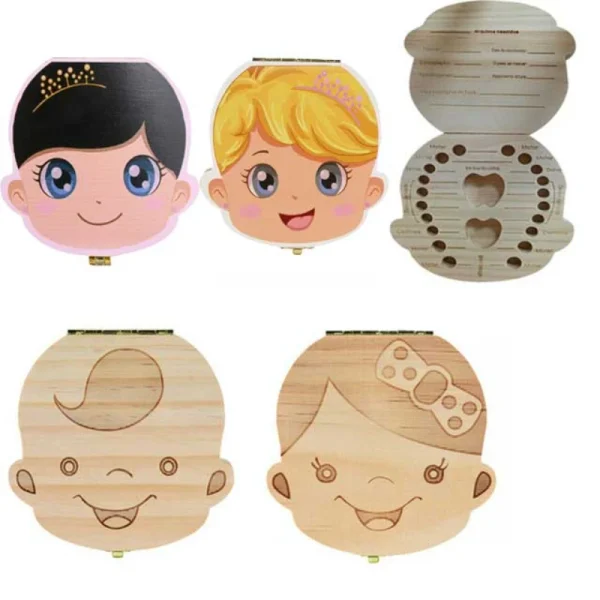 Baby Wood Tooth Box Organizer Milk Teeth Storage Language Spain English Collect Teeth Umbilica Save Gifts Baby Tooth Box 2