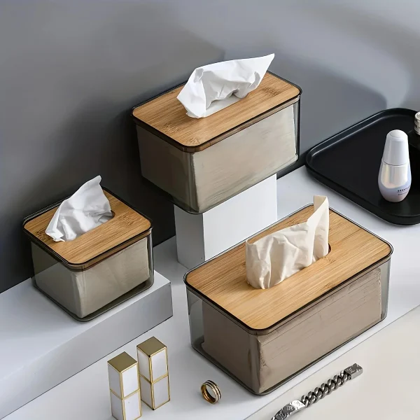 1pc-Multifunctional Tissue Holder Paper Box With Bamboo Cover Transparent Container Living Room Bedroom Tissue Storage Box 1