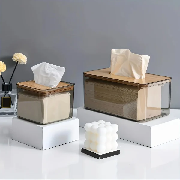 1pc-Multifunctional Tissue Holder Paper Box With Bamboo Cover Transparent Container Living Room Bedroom Tissue Storage Box 2