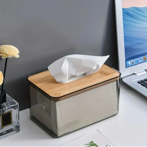 1pc-Multifunctional Tissue Holder Paper Box With Bamboo Cover Transparent Container Living Room Bedroom Tissue Storage Box 3