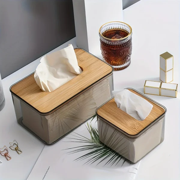 1pc-Multifunctional Tissue Holder Paper Box With Bamboo Cover Transparent Container Living Room Bedroom Tissue Storage Box 4