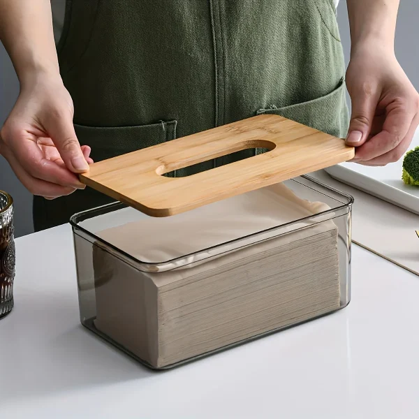 1pc-Multifunctional Tissue Holder Paper Box With Bamboo Cover Transparent Container Living Room Bedroom Tissue Storage Box 5