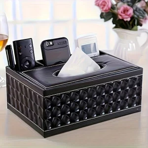 Elegant Faux Leather Tissue Box Cover with Remote Holder - Stylish Living Room Decor, Desktop Storage Organizer 1