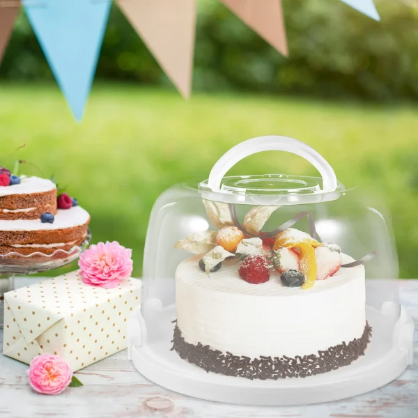Plastic Cake Carrier Lid Handle Round Cupcake Box Cake Keeper Case Bread Cake Carrying Box Transport Cake Holder Tray 5