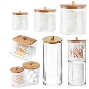 Cotton Swab Organizer Storage Bamboo Cover Acrylic Round Organizer Makeup Storage Box Container Acrylic Storage Box 1