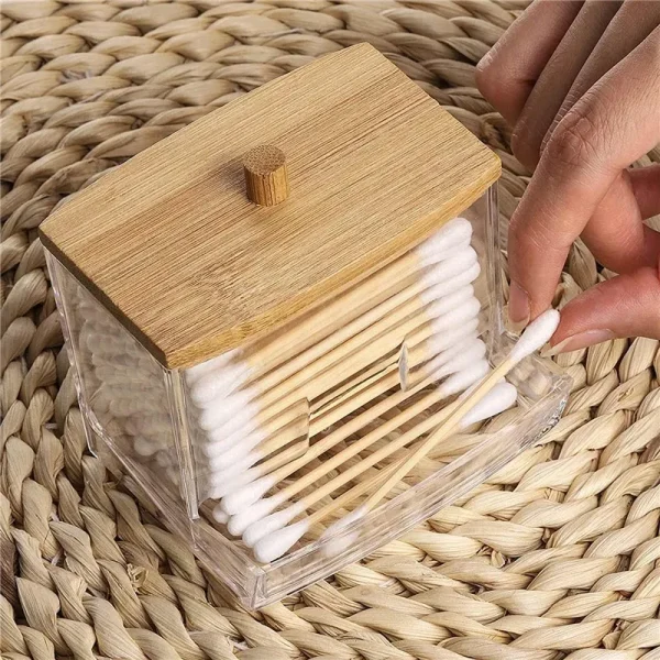 Cotton Swab Organizer Storage Bamboo Cover Acrylic Round Organizer Makeup Storage Box Container Acrylic Storage Box 4