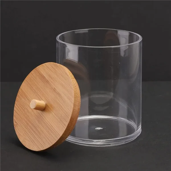 Cotton Swab Organizer Storage Bamboo Cover Acrylic Round Organizer Makeup Storage Box Container Acrylic Storage Box 5