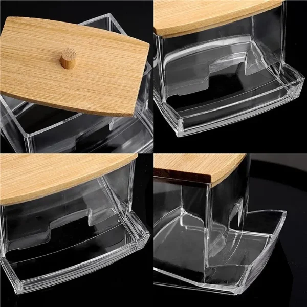 Cotton Swab Organizer Storage Bamboo Cover Acrylic Round Organizer Makeup Storage Box Container Acrylic Storage Box 6