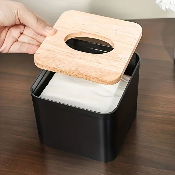 1pc/2pcs-Nordic Style Plastic Tissue Box with Wooden Cover - Paper Box for Restaurants and Rooms - Tissue Storage 1