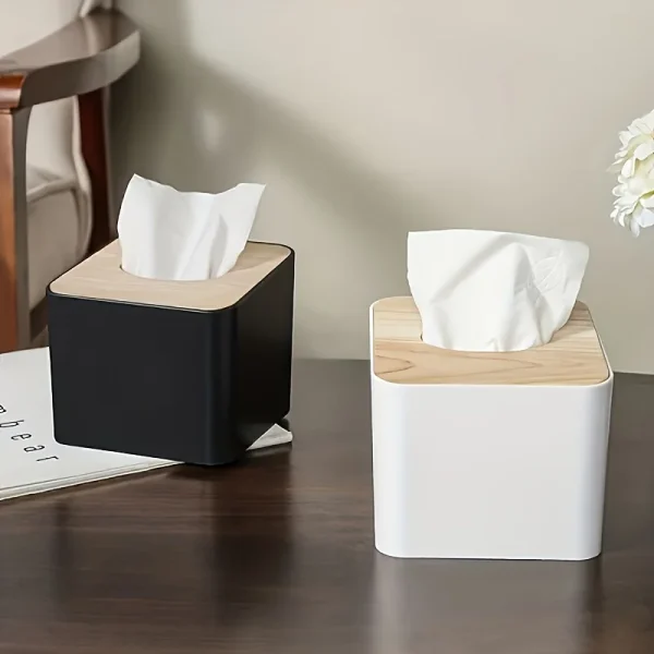 1pc/2pcs-Nordic Style Plastic Tissue Box with Wooden Cover - Paper Box for Restaurants and Rooms - Tissue Storage 2