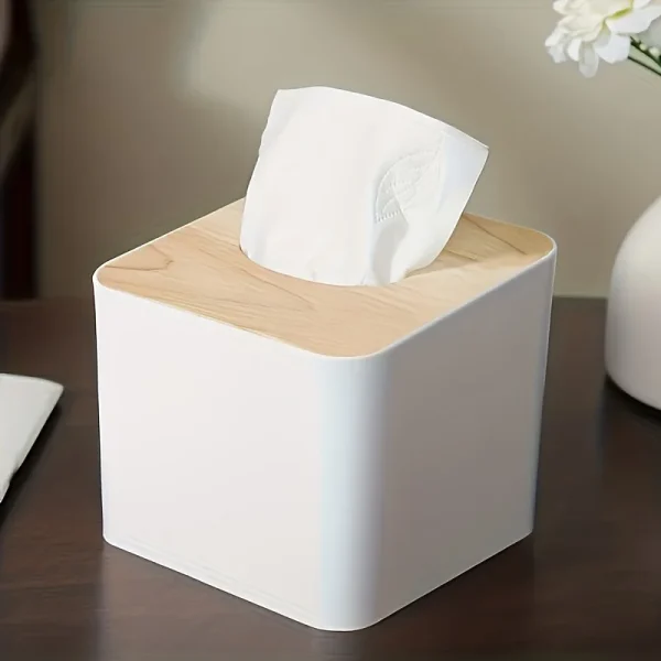 1pc/2pcs-Nordic Style Plastic Tissue Box with Wooden Cover - Paper Box for Restaurants and Rooms - Tissue Storage 4