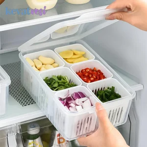 Refrigerator Storage Box 4/6 Grid Food Vegetable Fruit Storage Box Fridge Organizer Drain Basket Meat Onion Ginger Clear Crisper 1