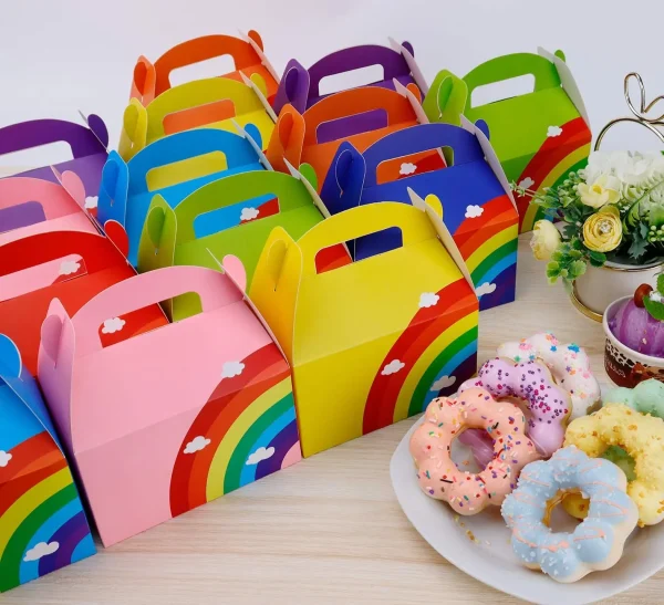 16 PCs Rainbow Party Favor Paper box, 6*3.5*3.5 Inch, Food Safe Kraft Paper and Ink, Natural (Biodegradable), Vivid Colored,Give Away Bags. 6
