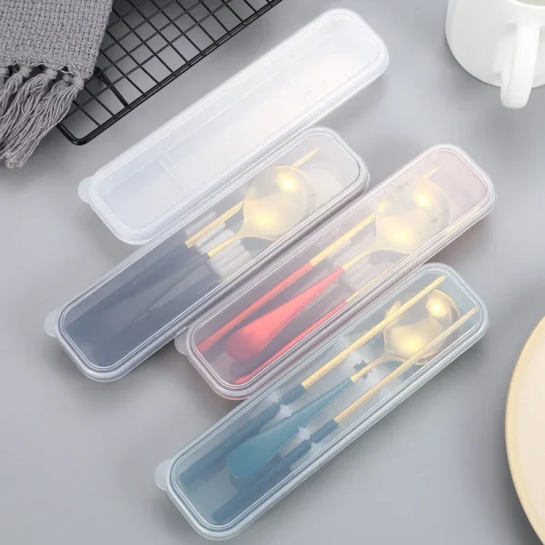 1PC Travel Outdoor Reusable Wheat Straw Tableware Empty Box School Home Slot Design Practical Cutlery Transparent Cover 4