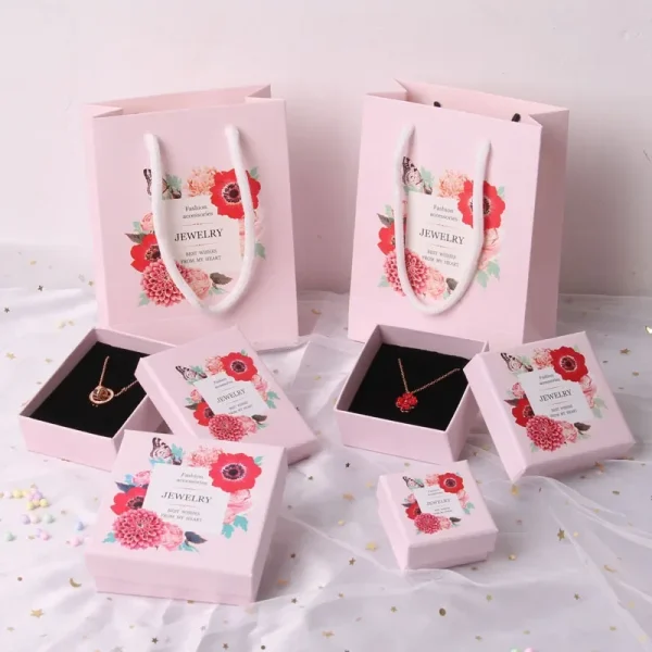 1Pc 5Sizs Pink Printting Jewelry Gift Box Bracelets Earring Ring Necklace Jewelry Box Small Fresh Necklace Earrings Set Display 1