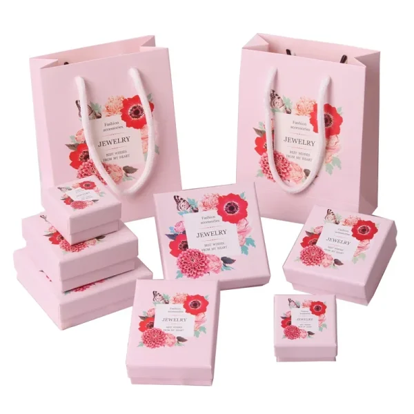 1Pc 5Sizs Pink Printting Jewelry Gift Box Bracelets Earring Ring Necklace Jewelry Box Small Fresh Necklace Earrings Set Display 2