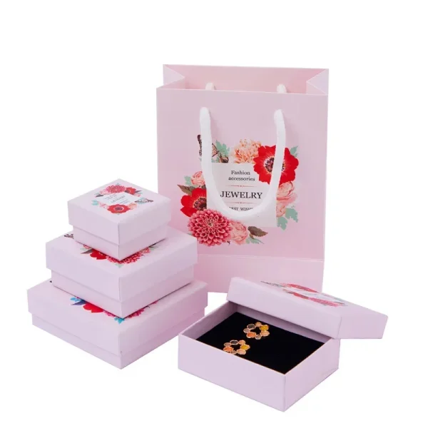 1Pc 5Sizs Pink Printting Jewelry Gift Box Bracelets Earring Ring Necklace Jewelry Box Small Fresh Necklace Earrings Set Display 4