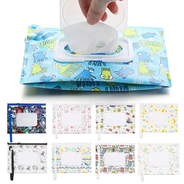 1Pcs Portable Wet Wipes Bag Flip Cover Tissue Box Cosmetic Pouch Baby Product Snap-Strap Carrying Case Stroller Accessories 5