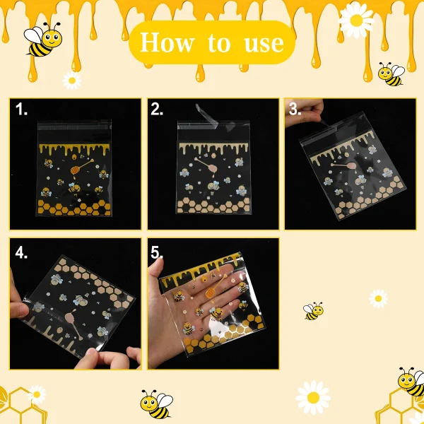 50/100pcs Bee Self Sealing Bags Little Bee Theme Party Cookie Packaging Box Baby Shower Bee Gift Bag Birthday Party Decoration 6