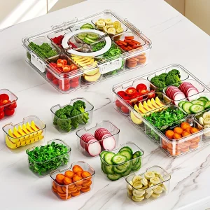 Divided Plate with Lid, Food Storage Box, Snack Box, 4/8 Grid Snack Box, Fruit Storage Box for Refrigerator, Vegetable, Fruit 1
