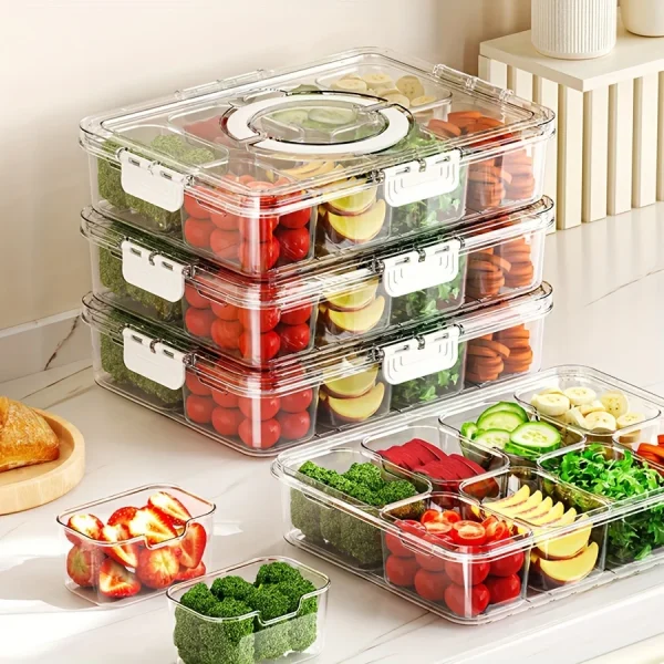Divided Plate with Lid, Food Storage Box, Snack Box, 4/8 Grid Snack Box, Fruit Storage Box for Refrigerator, Vegetable, Fruit 3